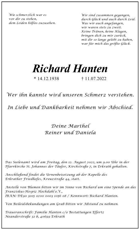 Traueranzeige von Richard Hanten von Rheinische Post