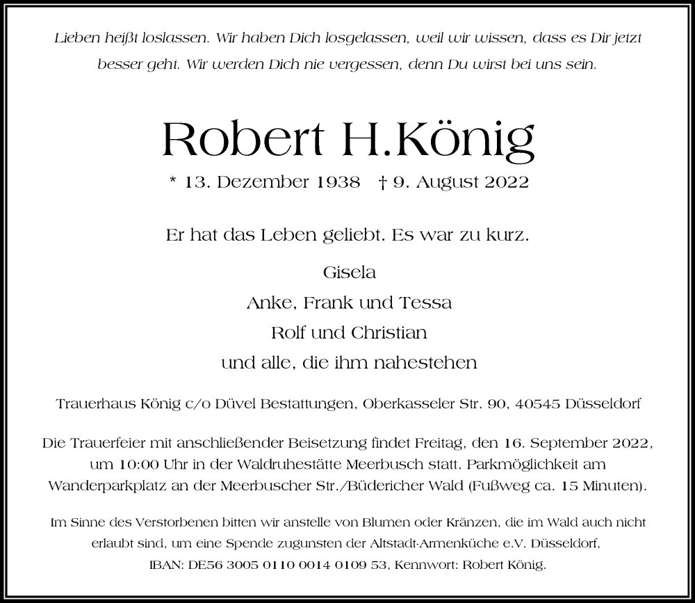  Traueranzeige für Robert H. König vom 13.08.2022 aus Rheinische Post