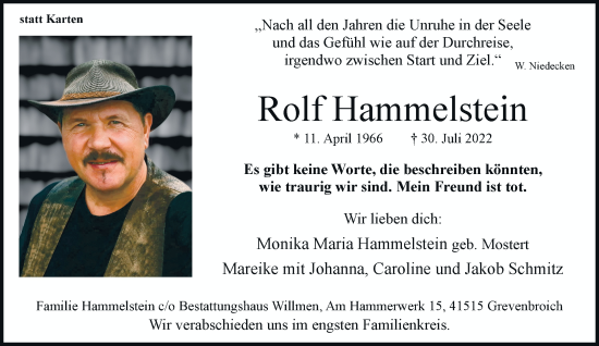 Traueranzeige von Rolf Hammelstein von Rheinische Post