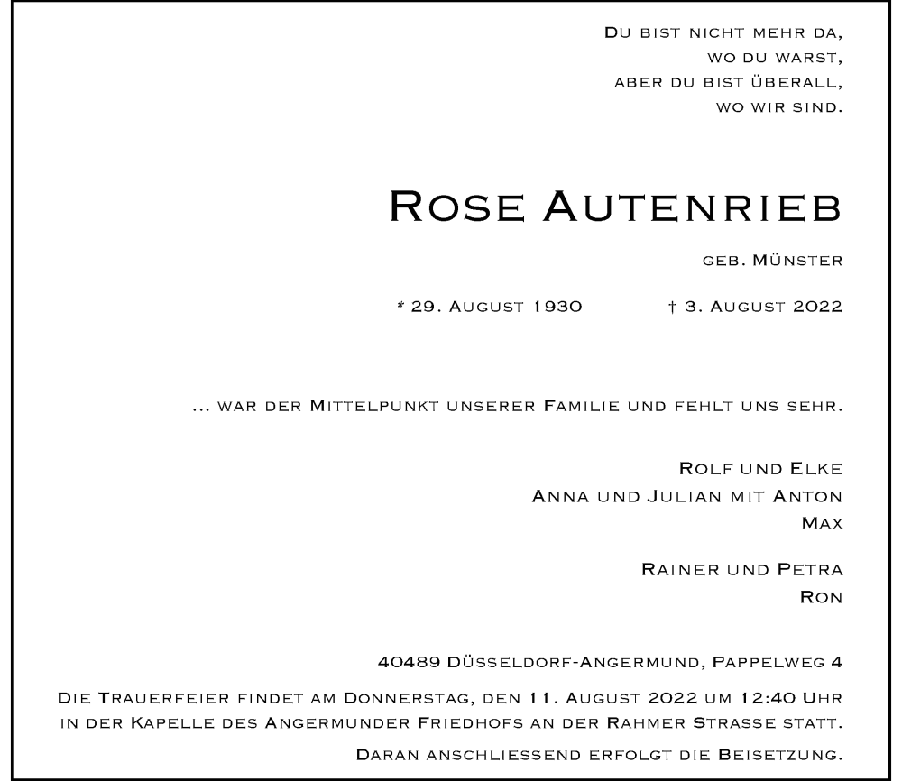  Traueranzeige für Rose Autenrieb vom 06.08.2022 aus Rheinische Post