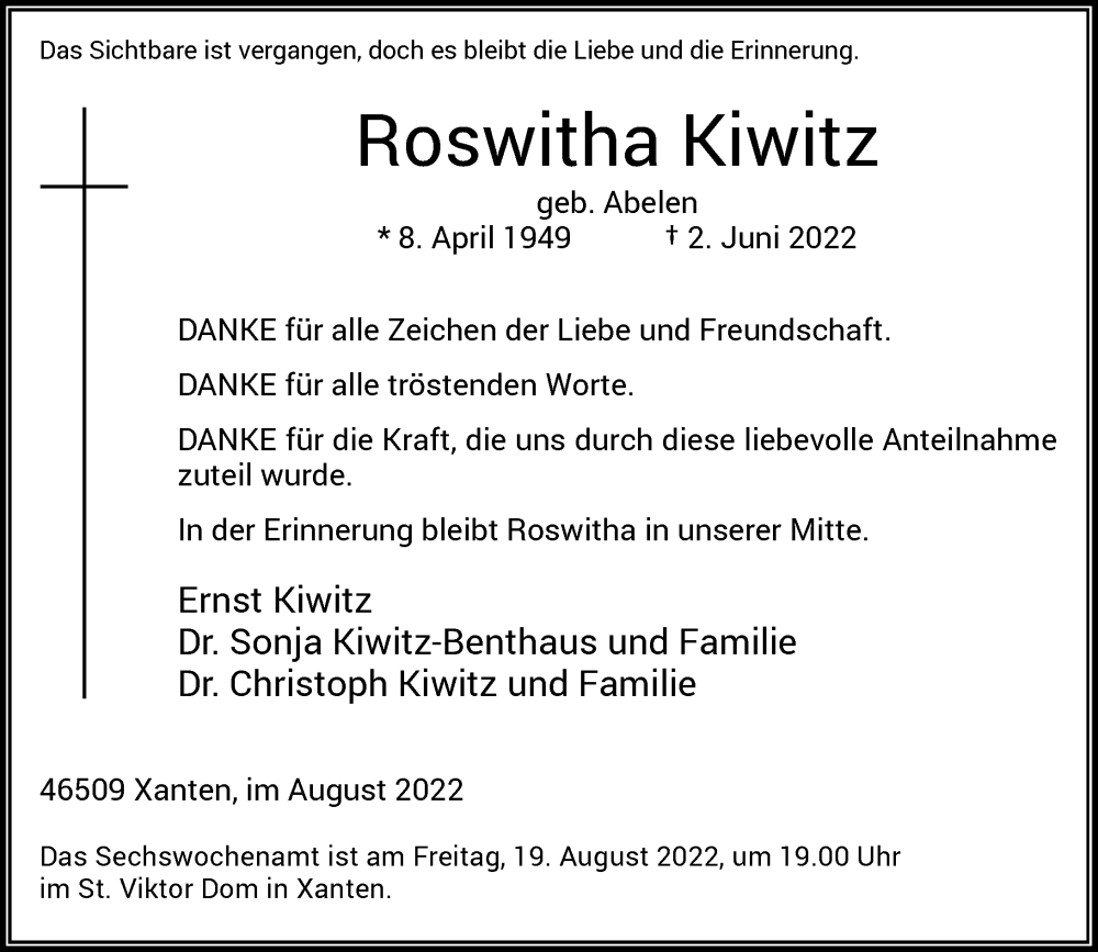  Traueranzeige für Roswitha Kiwitz vom 16.08.2022 aus Rheinische Post