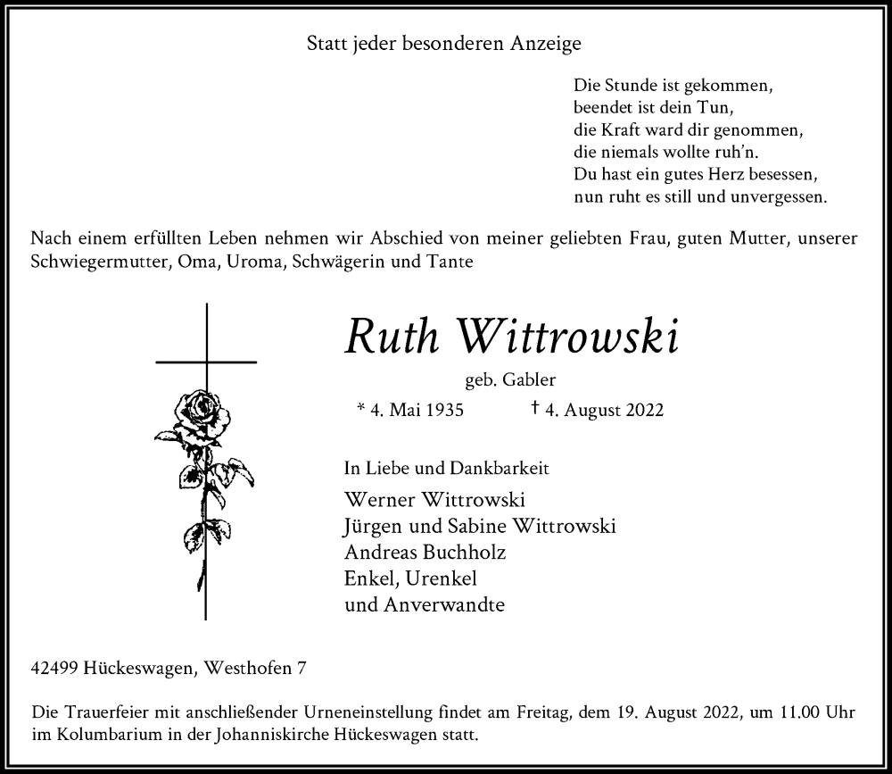  Traueranzeige für Ruth Wittrowski vom 13.08.2022 aus Rheinische Post