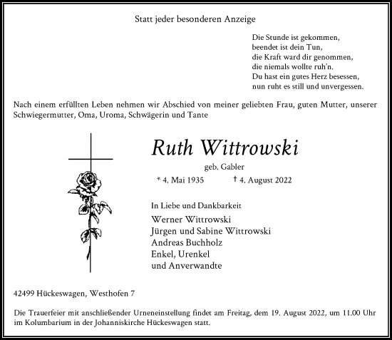 Traueranzeige von Ruth Wittrowski von Rheinische Post