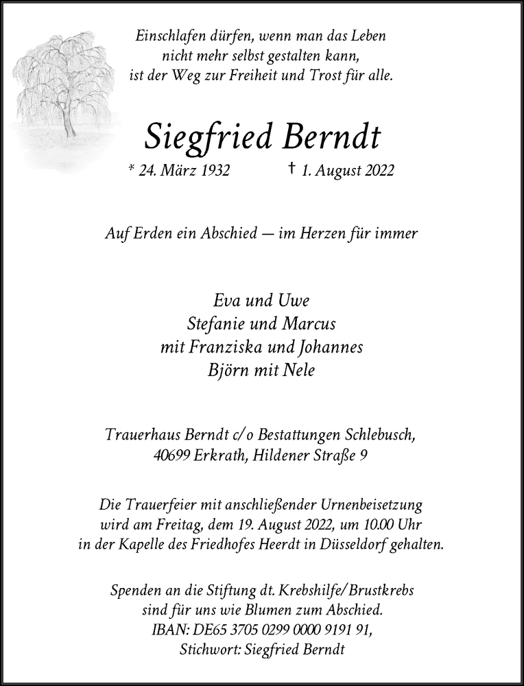  Traueranzeige für Siegfried Berndt vom 13.08.2022 aus Rheinische Post