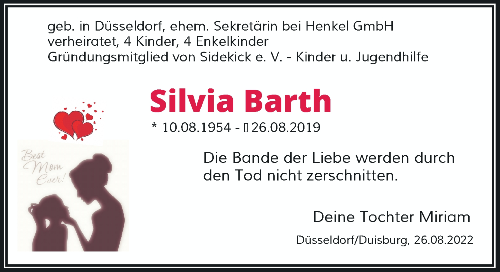  Traueranzeige für Silvia Barth vom 26.08.2022 aus Rheinische Post
