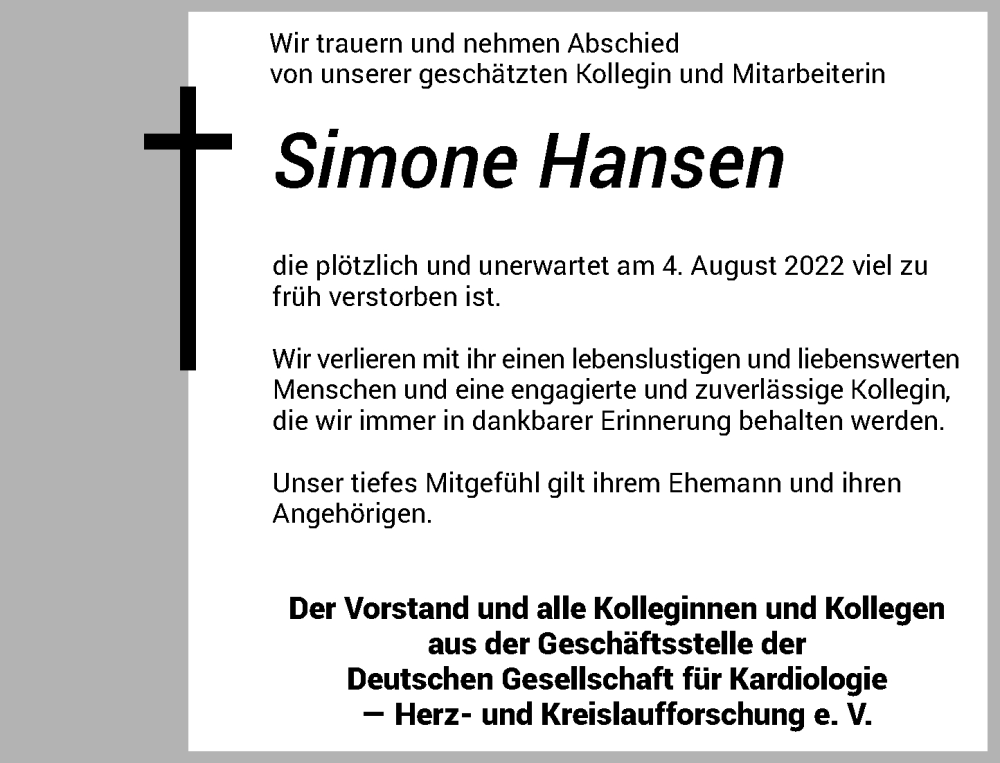  Traueranzeige für Simone Hansen vom 06.08.2022 aus Rheinische Post