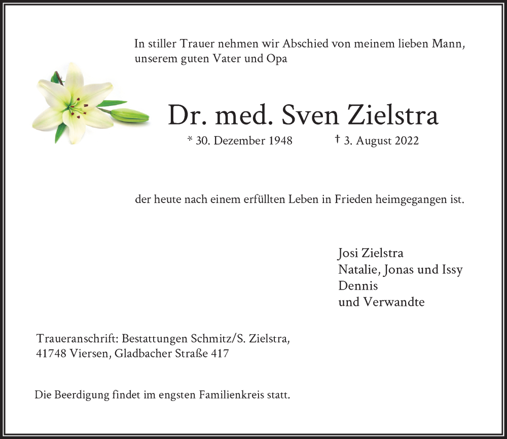  Traueranzeige für Sven Zielstra vom 06.08.2022 aus Rheinische Post