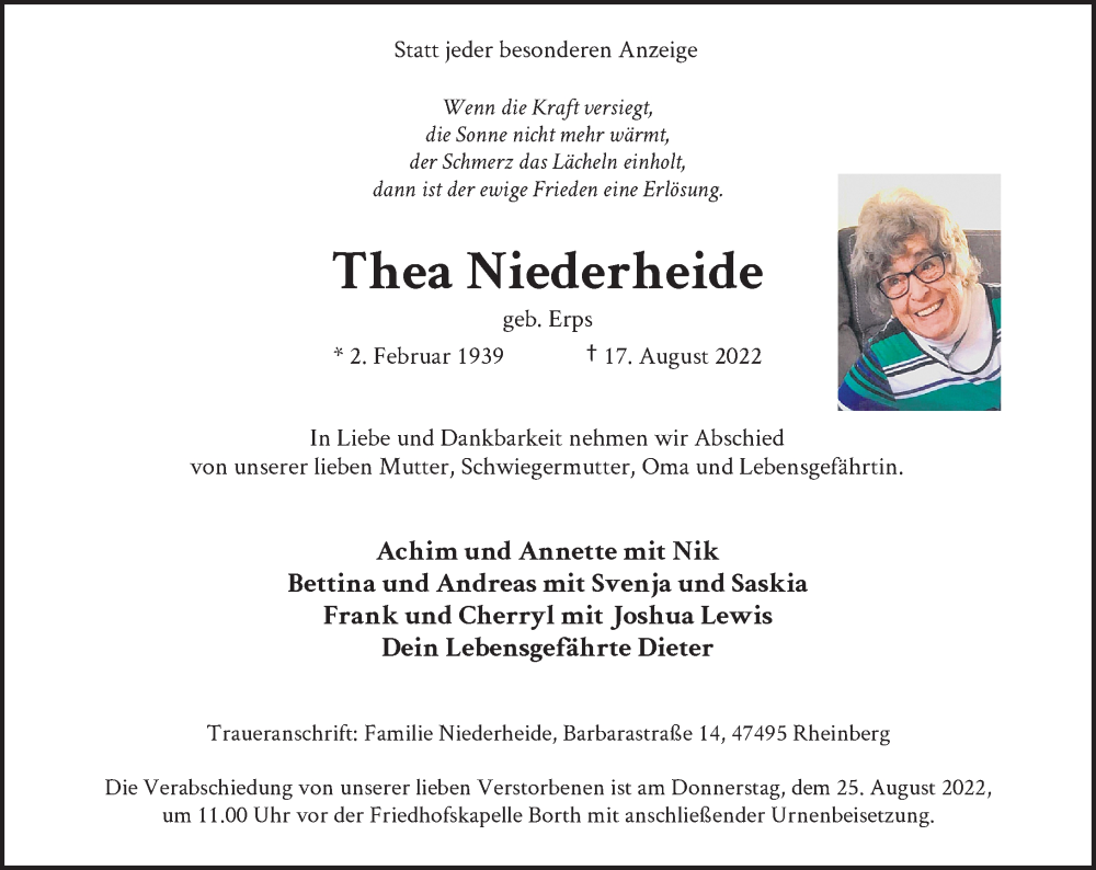  Traueranzeige für Thea Niederheide vom 19.08.2022 aus Rheinische Post