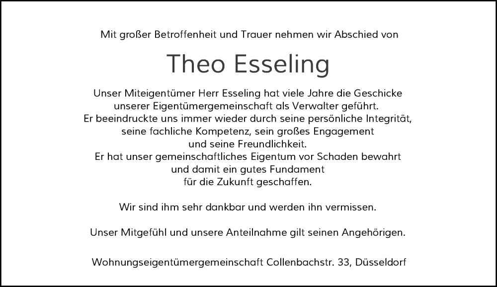  Traueranzeige für Theo Esseling vom 13.08.2022 aus Rheinische Post