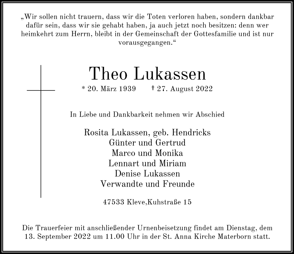  Traueranzeige für Theo Lukassen vom 31.08.2022 aus Rheinische Post