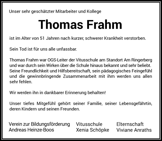 Traueranzeige von Thomas Frahm von Rheinische Post