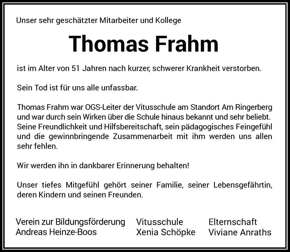  Traueranzeige für Thomas Frahm vom 25.08.2022 aus Rheinische Post
