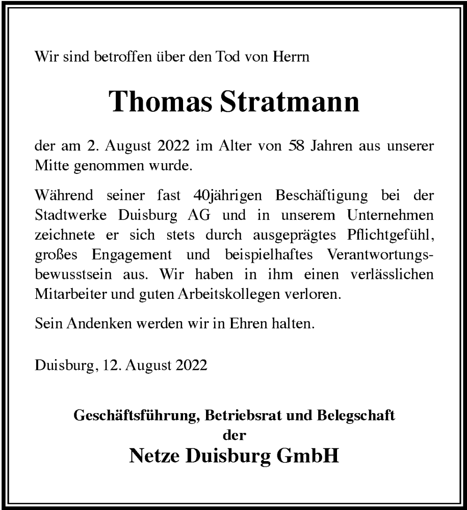  Traueranzeige für Thomas Stratmann vom 12.08.2022 aus Rheinische Post