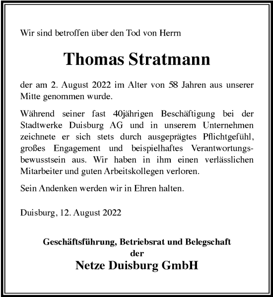 Traueranzeige von Thomas Stratmann von Rheinische Post