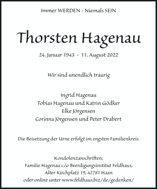 Traueranzeige von Thorsten Hagenau von Rheinische Post