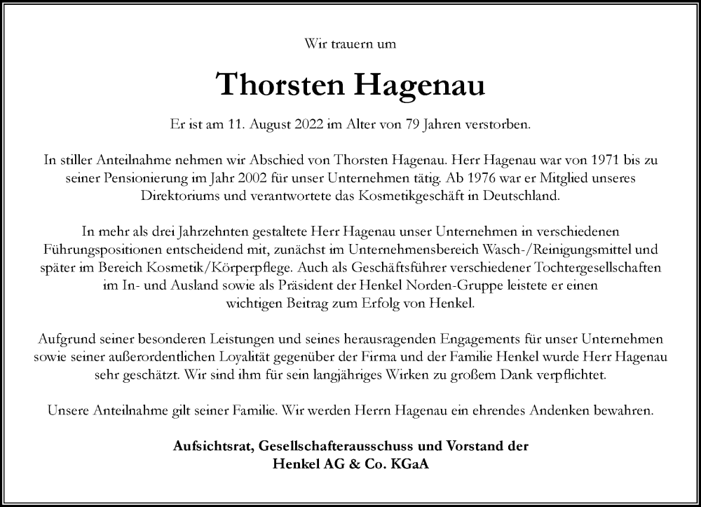  Traueranzeige für Thorsten Hagenau vom 27.08.2022 aus Rheinische Post