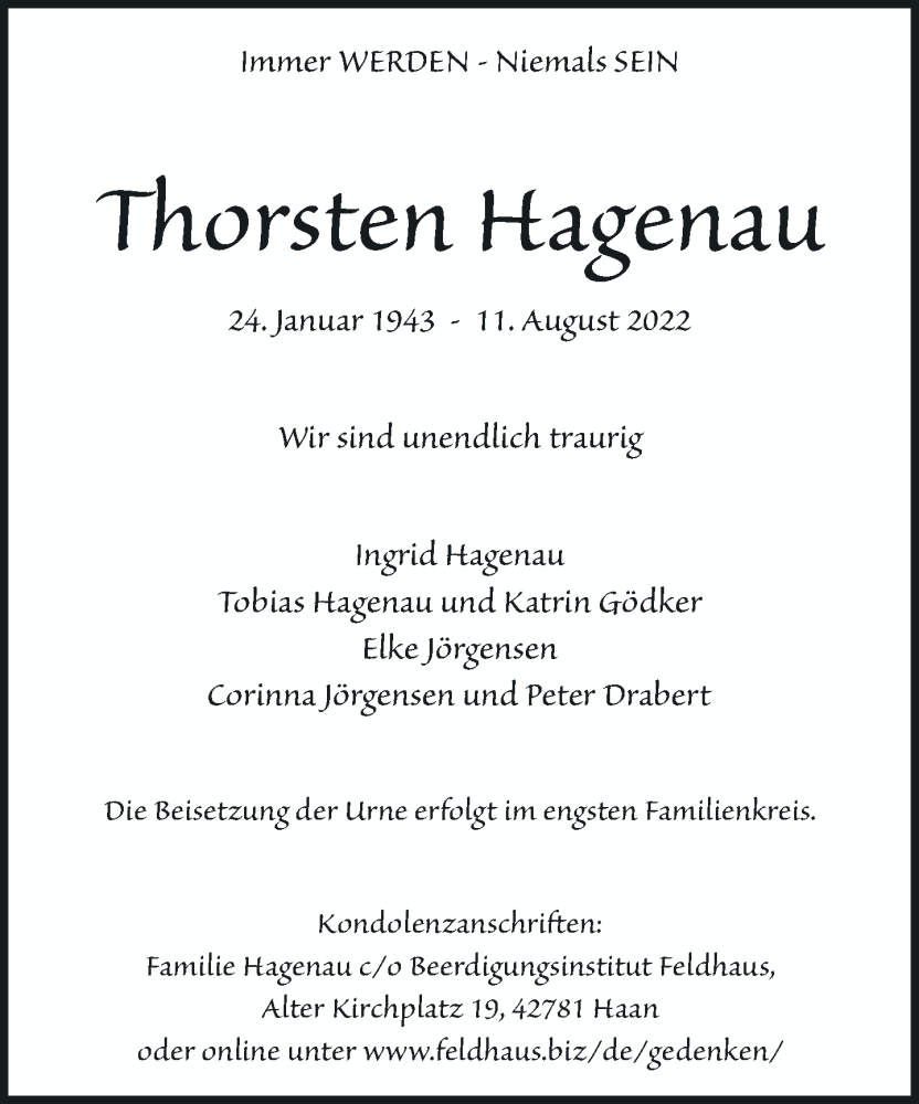  Traueranzeige für Thorsten Hagenau vom 27.08.2022 aus Rheinische Post