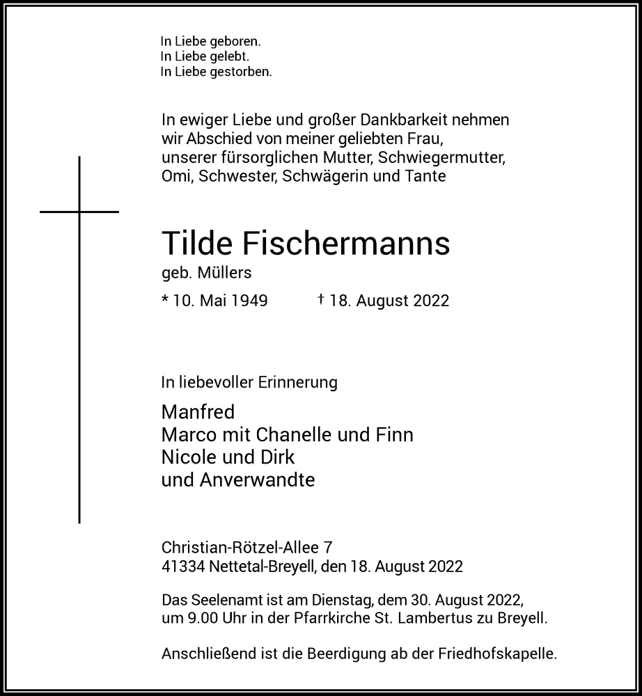  Traueranzeige für Tilde Fischermanns vom 27.08.2022 aus Rheinische Post