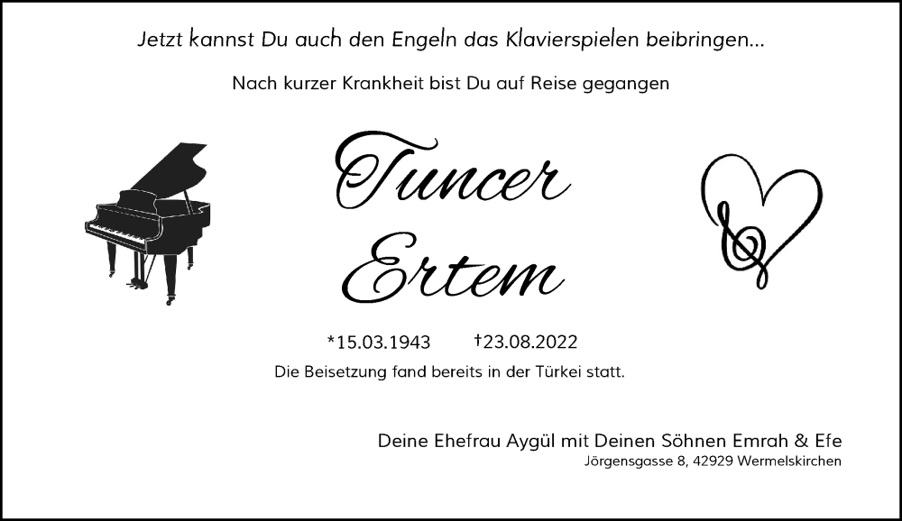  Traueranzeige für Tuncer Ertem vom 27.08.2022 aus Rheinische Post
