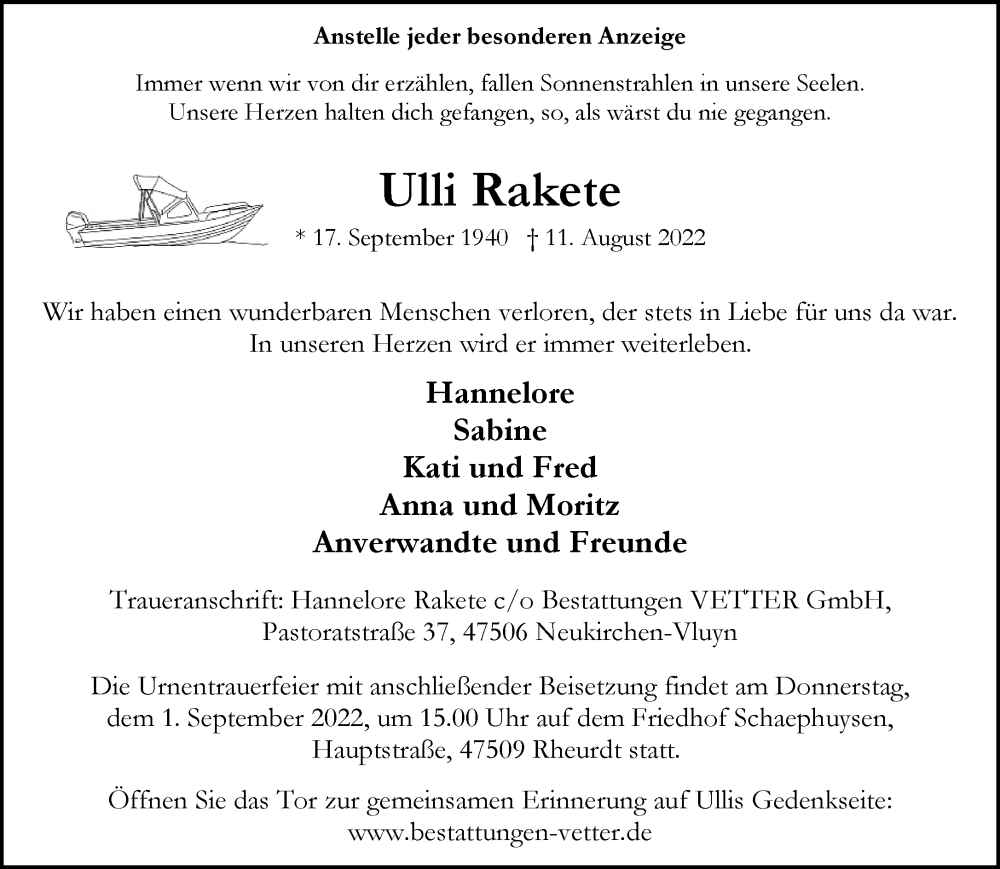  Traueranzeige für Ulli Rakete vom 24.08.2022 aus Rheinische Post