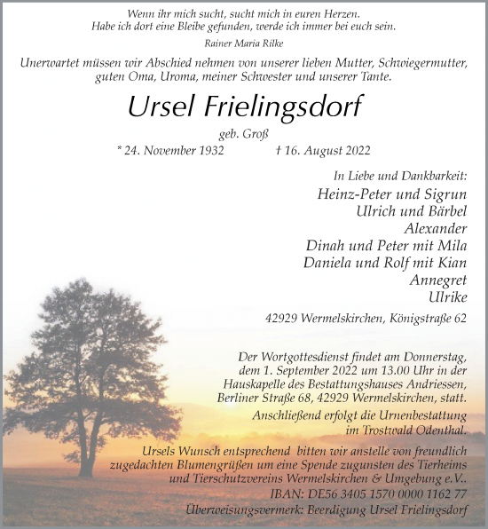 Traueranzeige von Ursel Frielingsdorf von Rheinische Post