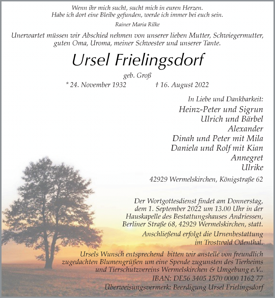  Traueranzeige für Ursel Frielingsdorf vom 27.08.2022 aus Rheinische Post