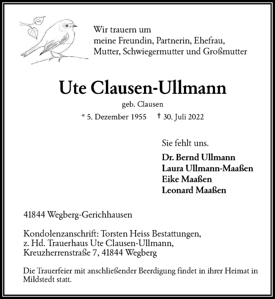 Traueranzeige von Ute Clausen-Ullmann von Rheinische Post