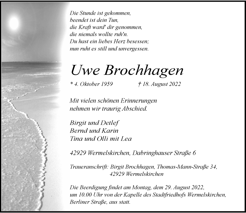  Traueranzeige für Uwe Brochhagen vom 24.08.2022 aus Rheinische Post