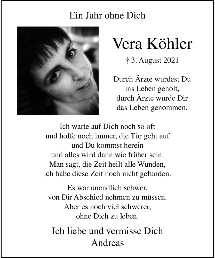  Traueranzeige für Vera Köhler vom 06.08.2022 aus Rheinische Post
