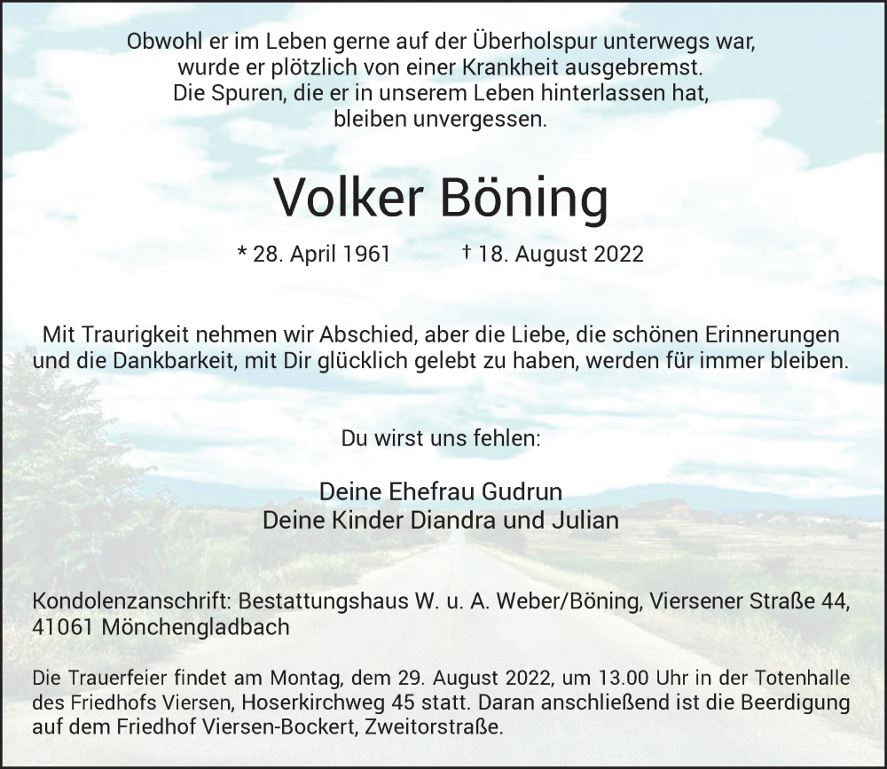  Traueranzeige für Volker Böning vom 27.08.2022 aus Rheinische Post