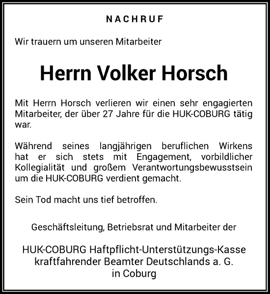 Traueranzeige von Volker Horsch von Rheinische Post