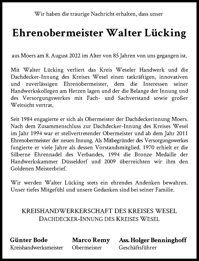  Traueranzeige für Walter Lücking vom 13.08.2022 aus Rheinische Post