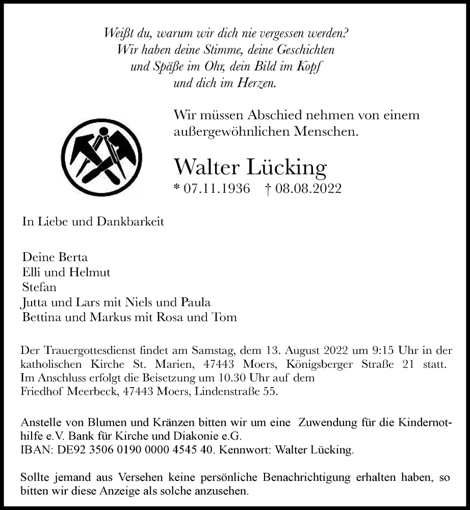  Traueranzeige für Walter Lücking vom 10.08.2022 aus Rheinische Post