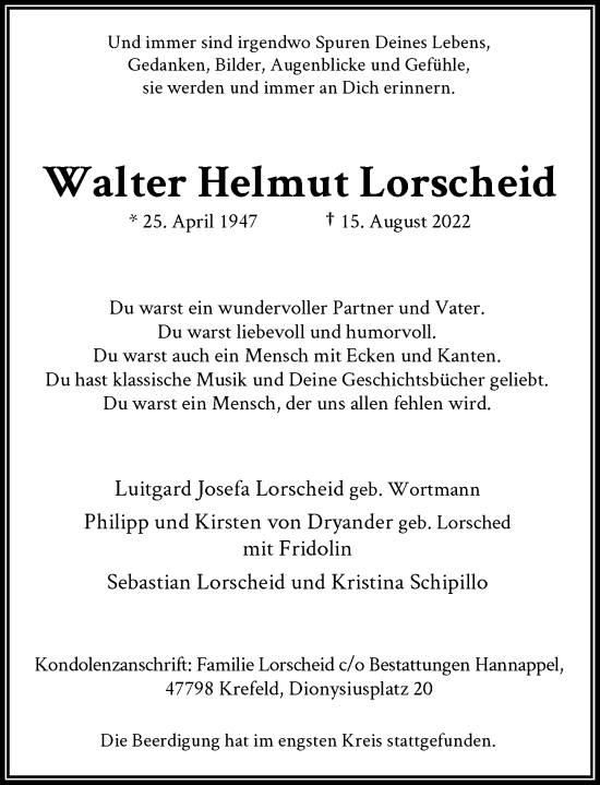 Traueranzeige von Walter Helmut Lorscheid von Rheinische Post