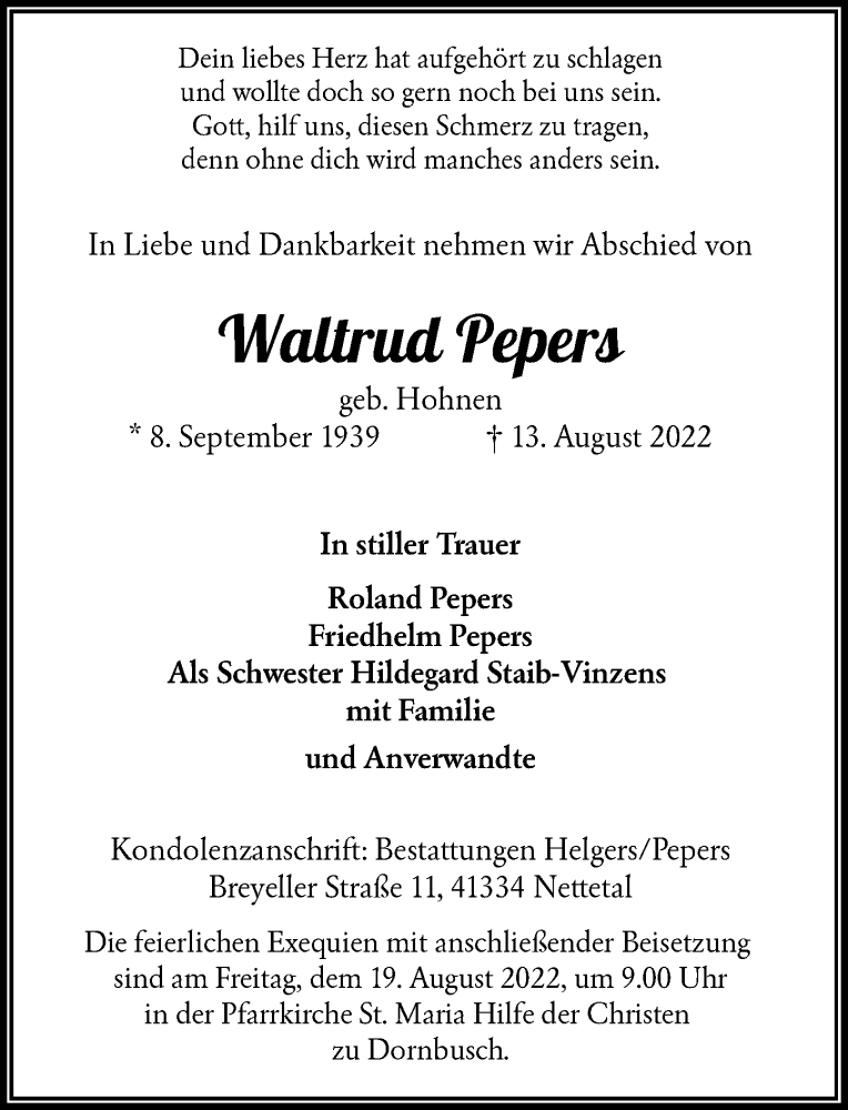  Traueranzeige für Waltrud Pepers vom 16.08.2022 aus Rheinische Post