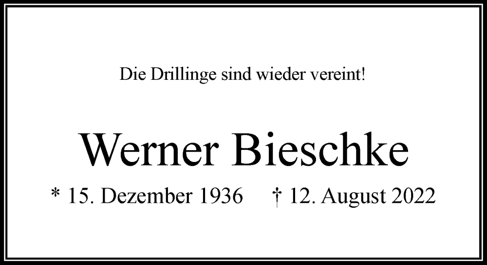  Traueranzeige für Werner Bieschke vom 17.08.2022 aus Rheinische Post