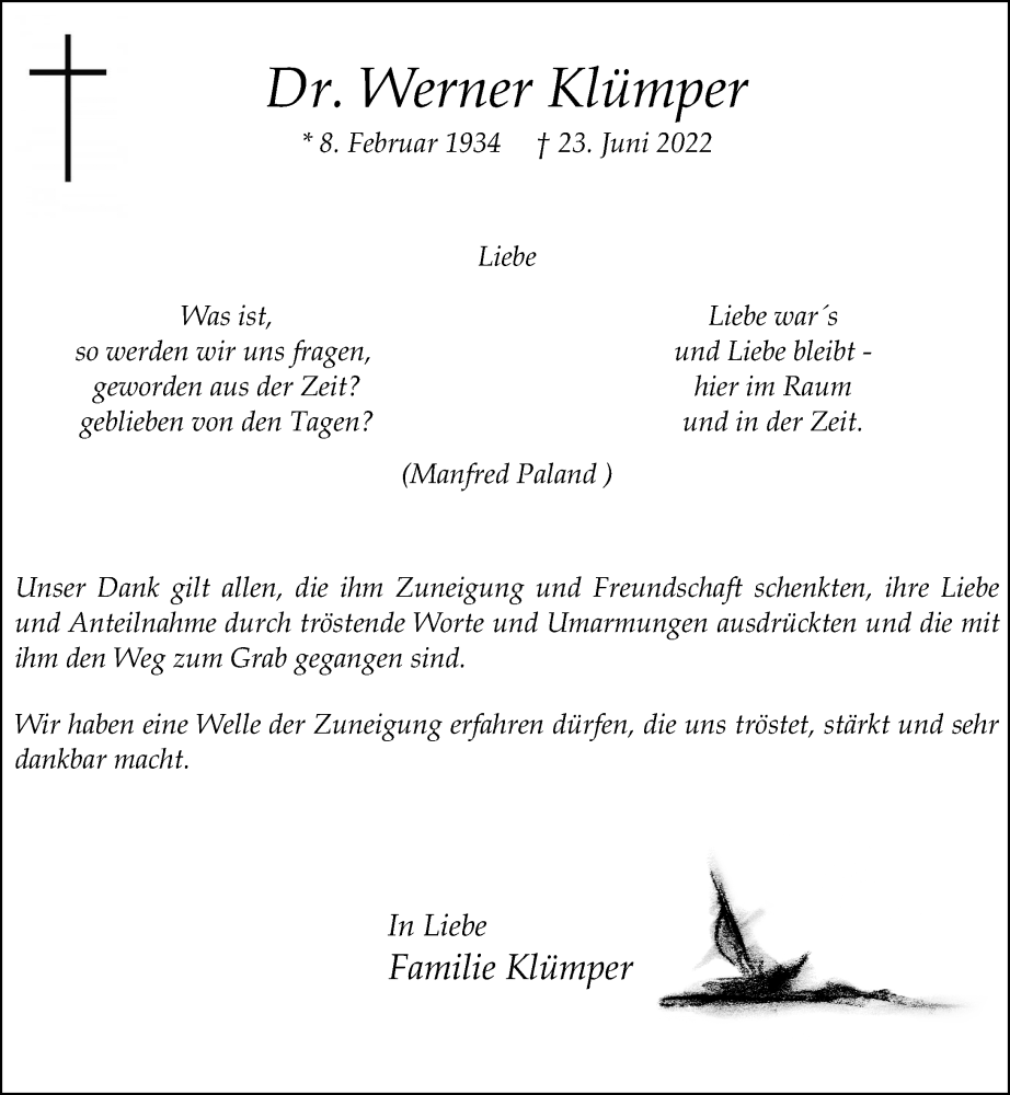  Traueranzeige für Werner Klümper vom 13.08.2022 aus Rheinische Post