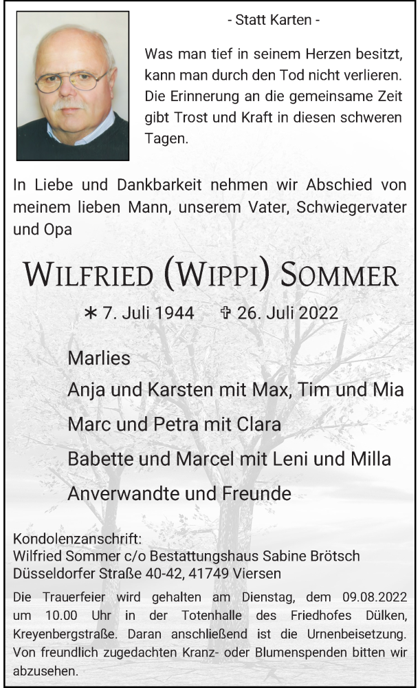  Traueranzeige für Wilfried Sommer vom 03.08.2022 aus Rheinische Post