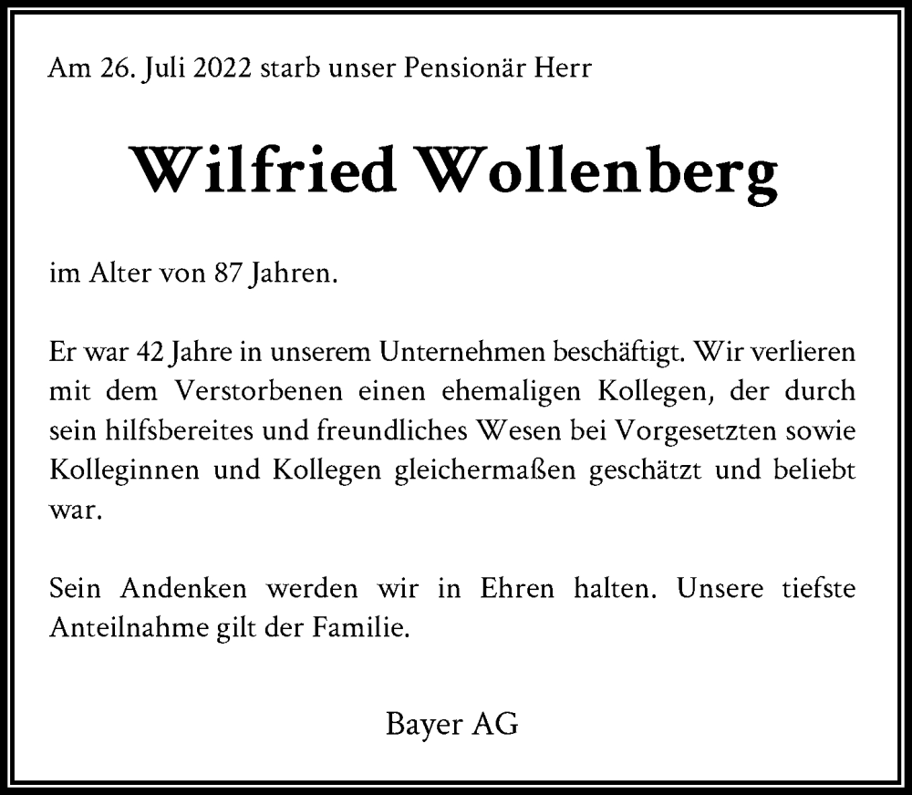  Traueranzeige für Wilfried Wollenberg vom 03.08.2022 aus Rheinische Post
