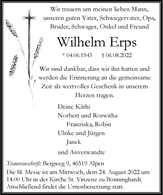 Traueranzeige von Wilhelm Erps von Rheinische Post