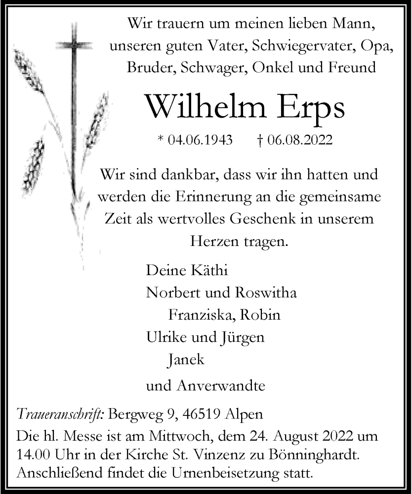  Traueranzeige für Wilhelm Erps vom 13.08.2022 aus Rheinische Post