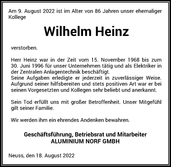 Traueranzeige von Wilhelm Heinz von Rheinische Post