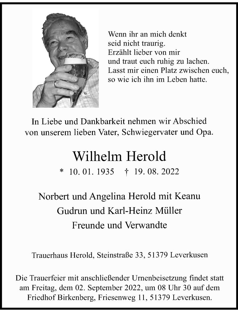  Traueranzeige für Wilhelm Herold vom 27.08.2022 aus Rheinische Post