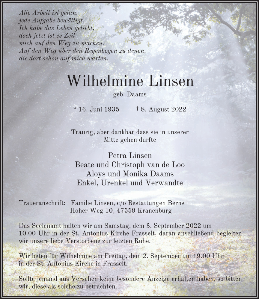  Traueranzeige für Wilhelmine Linsen vom 20.08.2022 aus Rheinische Post