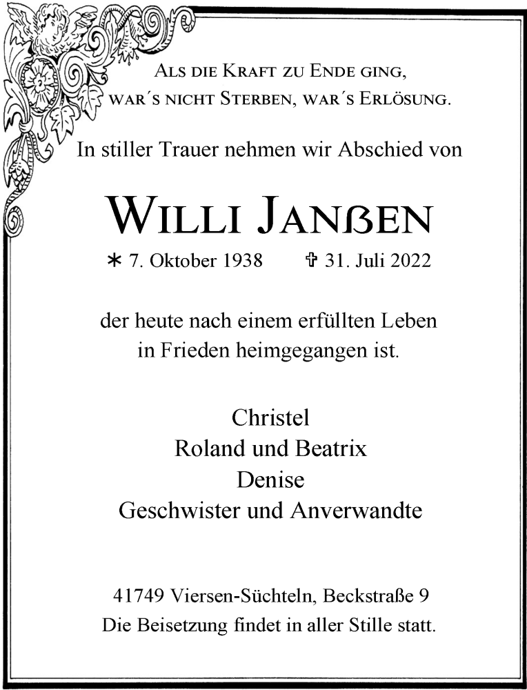  Traueranzeige für Willi Janßen vom 06.08.2022 aus Rheinische Post