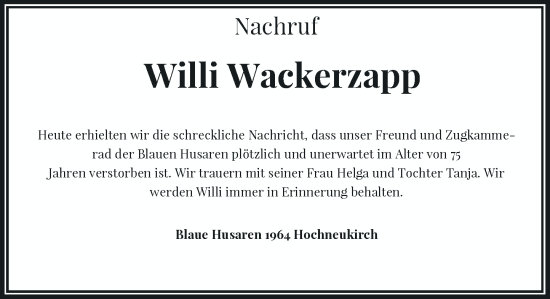 Traueranzeige von Willi Wackerzapp von Rheinische Post