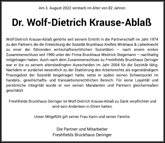 Traueranzeige von Wolf-Dietrich Krause-Ablaß von Rheinische Post