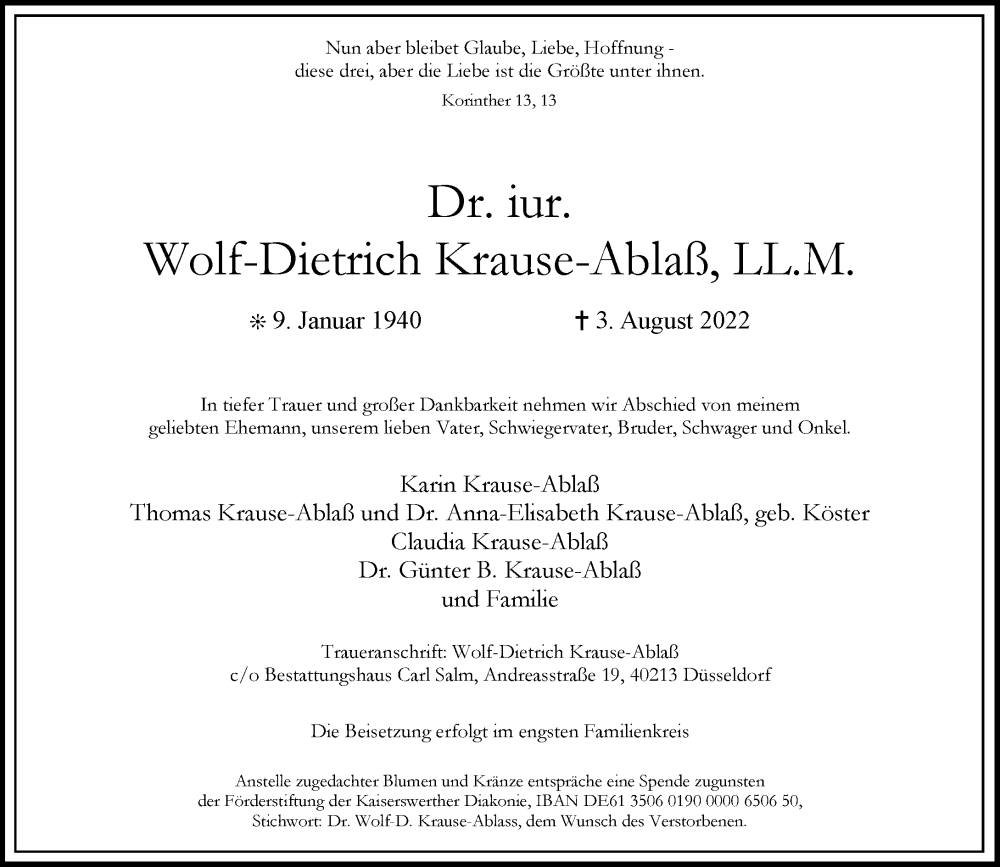  Traueranzeige für Wolf-Dietrich Krause-Ablaß vom 09.08.2022 aus Rheinische Post