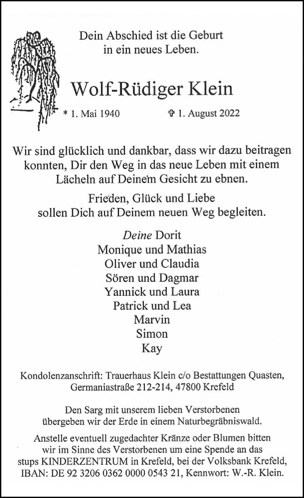  Traueranzeige für Wolf-Rüdiger Klein vom 06.08.2022 aus Rheinische Post