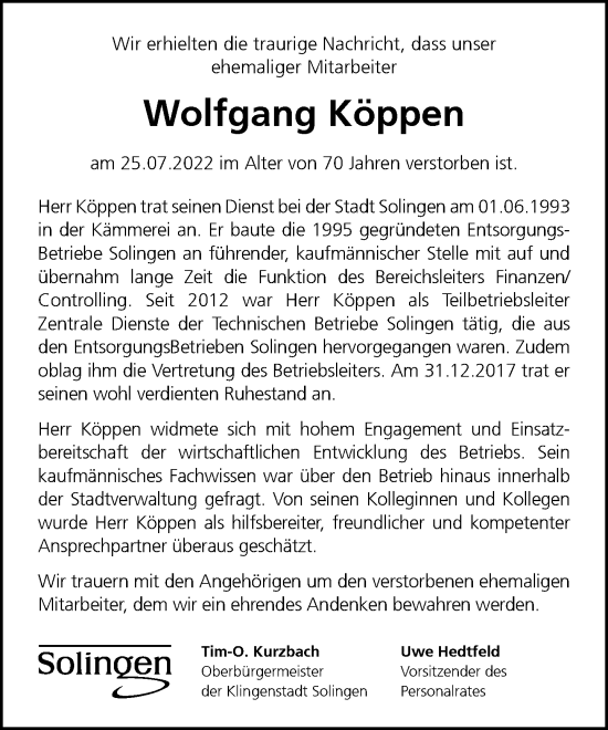 Traueranzeige von Wolfgang Köppen von Rheinische Post